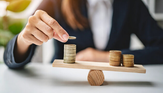 Hand balances coins on seesaw, symbolizing financial stability and management