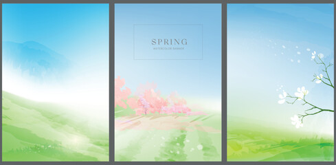 Spring watercolor landscape backgrounds. Vector vertical banners with place for text. 