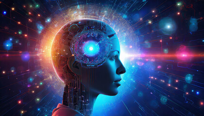 3d rendering of artificial intelligence concept with circuit brain on blue background