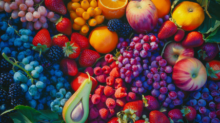 Colorful assorted fruit collection close-up - A vibrant selection of fresh fruits, featuring strawberries, grapes, and citrus, closely packed for a lush display