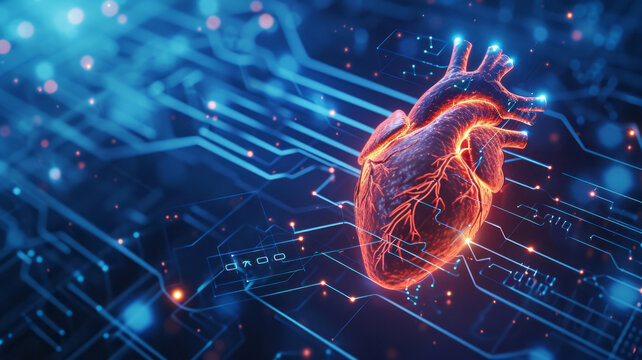 A digital illustration of a human heart connected to a DNA strand, set against a futuristic blue circuit board background with glowing nodes.