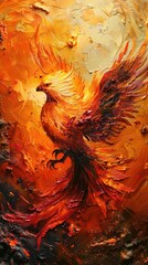 Flight of the Phoenix. Blaze of Fire Against Night Sky. With Wings Spread Wide, the Firebird Soars Through the Inferno, Its Plumage Aglow with Fiery Red and Orange