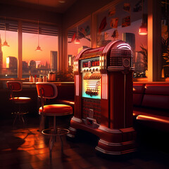 A retro jukebox in a dimly lit diner. 