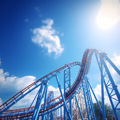 A rollercoaster against a vivid blue sky.