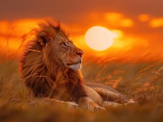 Majesty of Lions. Roaming African Savannas. Golden Light of Sunset. Magnificent Beasts Rule Over Their Kingdoms with Power and Grace - obrazy, fototapety, plakaty