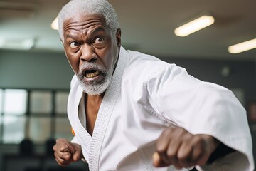 Obraz premium focused intensity of a Grandpa karate fighter, his facial expression reflecting the dedication and commitment essential to mastering the art of self-defense.