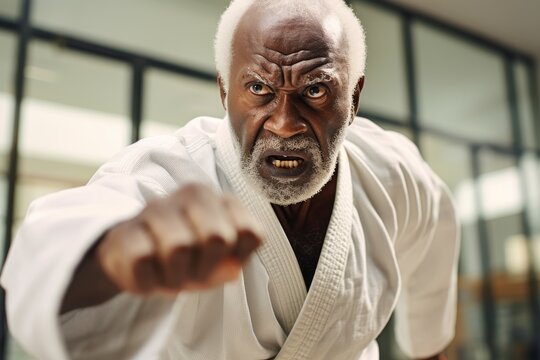 focused intensity of a Grandpa karate fighter, his facial expression reflecting the dedication and commitment essential to mastering the art of self-defense.