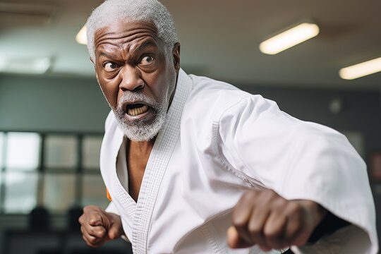 focused intensity of a Grandpa karate fighter, his facial expression reflecting the dedication and commitment essential to mastering the art of self-defense.
