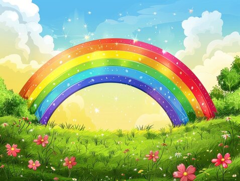 Vibrant Rainbow Arches Across Blue Sky. Set Lush Green Meadow, Its Colors Illuminate the Landscape with a Brilliant Display of Light and Beauty