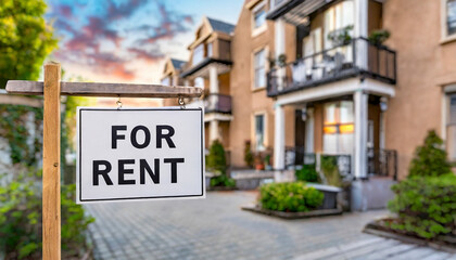 For rent sign in front of a modern apartment building. Real estate concept.