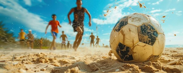 Beach Soccer Fun. Playful Game on the Sands of Summer. With the Ocean as Their Backdrop, Tourists Gather for a Lively Match of Football on the Shore