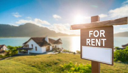 For rent sign with tropical beach in background. Ocean front vacation rental property - 747318983