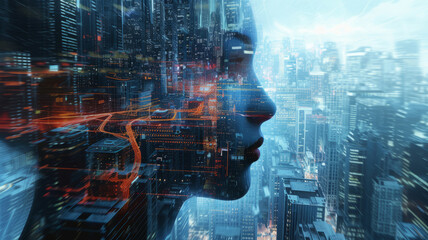 Fototapeta premium Create a woman's head featuring a futuristic cityscape. Skyscrapers, with roads weaving between them.