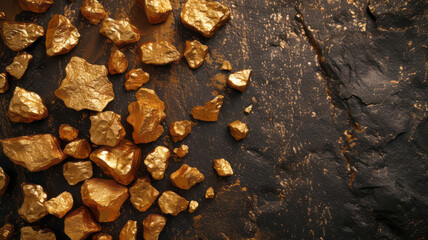 Golden nuggets of varying sizes scattered across a dark, textured surface, conveying a sense of luxury and wealth