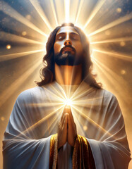 Jesus Christ with hands clasped in prayer over golden lights background.