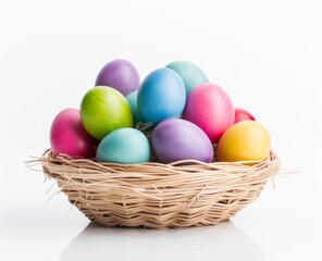 Fototapeta na wymiar Colorful Easter Celebration: Pastel Dyed Eggs in a Wicker Basket on White Background. Easter Concept