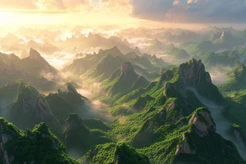 Keuken foto achterwand Guilin beautiful mountains in picturesque natural light, morning fog and breathtaking scenery