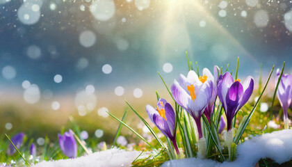 Crocus flowers in snow. First spring flowers blossom. Easter background.