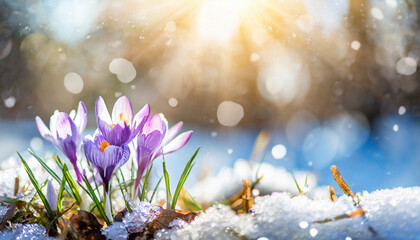 Crocus flowers in snow. First spring flowers blossom. Easter background.