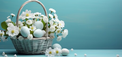 Obraz premium Basket of Blooms and Pastel Easter Eggs on Blue Background With Copy Space For Text