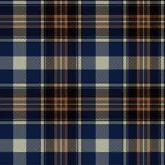Blue and brown Scottish tartan plaid, fabric swatch close-up. 
