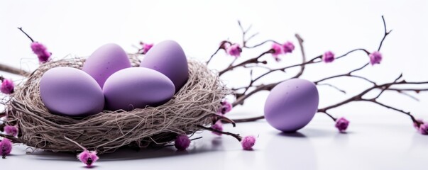 Delicate Lilac Easter Eggs in Nest with Spring Blossoms - Panoramic View