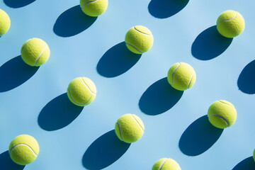 Rows of perfect yellow tennis balls on blue background - obrazy, fototapety, plakaty