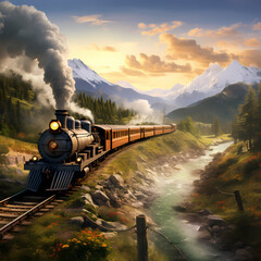 Fototapeta premium A vintage train traveling through a scenic landscape