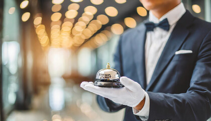 white-gloved hand ringing butler bell, symbolizing top-tier hospitality service and convenience