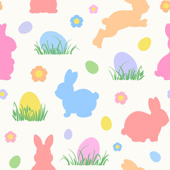 Cute spring Easter bunnies seamless pattern. Rabbits and eggs repeat design colorful vector illustration. Simple rabbit silhouettes seamless design. Easter bunny rabbit shapes. Soft spring colors.