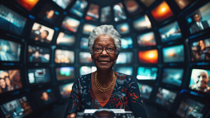 senior African-american woman surrounded by bright oval with multiple TV screens with channels
