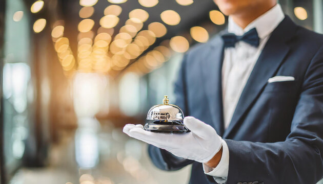 white-gloved hand ringing butler bell, symbolizing top-tier hospitality service and convenience