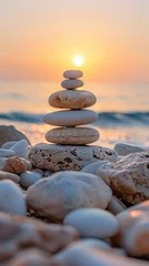 Fototapete Tranquil shores of a sun kissed beach, a mesmerizing sight unfolds as pebbles are carefully stacked, forming a tower of balance and harmony © Thares2020