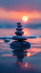 Tuinposter Tranquil shores of a sun kissed beach, a mesmerizing sight unfolds as pebbles are carefully stacked, forming a tower of balance and harmony © Thares2020