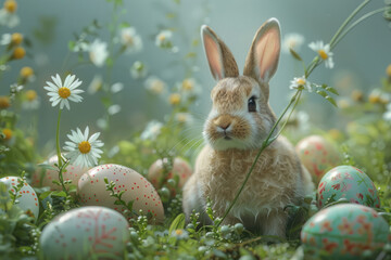 Colorful easter eggs and bunny on green grass. Generative AI