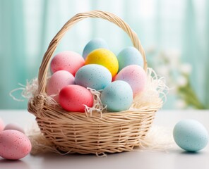 Obraz na płótnie Canvas Charming wicker basket filled with pastel Easter eggs, perfect for festive decorations or greetings