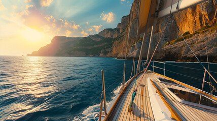 Amazing View from the deck of a sailing boat cutting through the azure waters, with the sun casting...