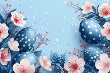 Happy Easter template with blue, white rustic floral eggs, dotted background. Generative AI