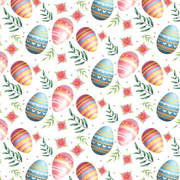 watercolor hand drawn colorful easter eggs, leaves and flowers.Spring pattern for banners, posters, cover design templates, social media stories wallpapers and greeting cards. vector illust