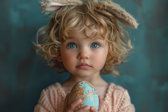 Cute toddler girl wearing bunny ears on Easter day. Girl holding basket with painted eggs. Generative AI