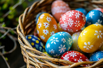 Fototapeta na wymiar Close up of colorful Easter eggs in a basket. Generative AI