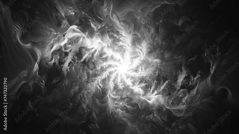 Canvas Prints a monochrome fractal vortex with white glowing particles on a black background, embodying simplicity