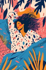 memphis style illustration of a woman sleeping in a bed wearing pyjamas, blue and coral pink