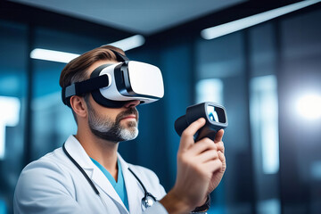 VR, healthcare and digital with a doctor scientist in a lab for research or innovation. Metaverse, virtual reality and future with a medical science professional using software in a laboratory