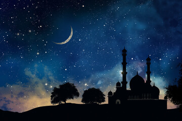 The silhouette of a mosque in the night sky with a crescent moonislamic style. Generative AI