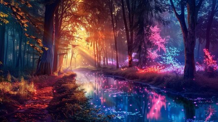 A mystical forest with glowing, neon-colored trees and a shimmering, magical river flowing through.