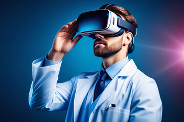 VR, healthcare and digital with a doctor scientist on blue background. lab for research or innovation. Metaverse, virtual reality and future with a medical science professional using software