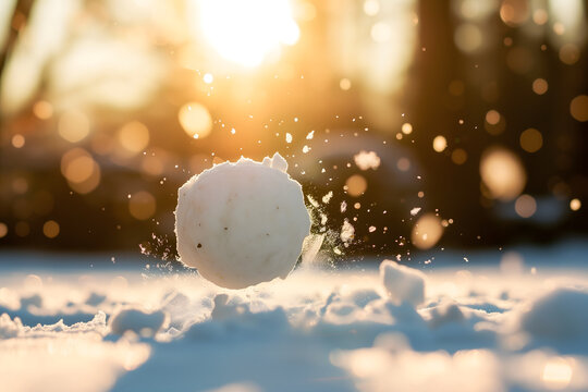 Snowball on snow covered ground at sunny winter day for snow ball effect concept