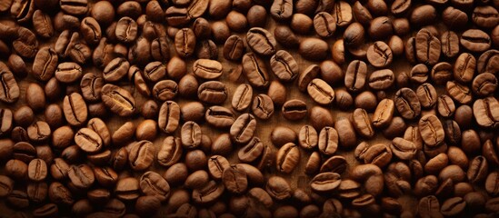 A large quantity of coffee beans spread out across a wooden table, creating a rich and aromatic display. The beans are various shades of brown and have a glossy sheen, enhancing their appeal.