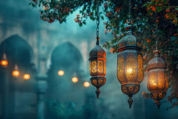Ramadan View of 3d islamic lantern. Generative AI - obrazy, fototapety, plakaty